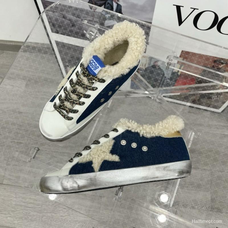 2025 Women GGDB White Navy Blue Leather Shearling Sneakers