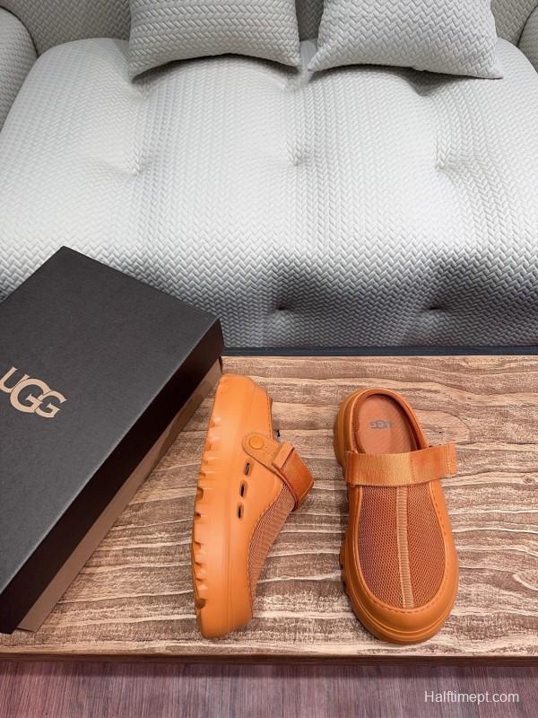 2025 UGG Brown Leather Mesh Slippers KFY00220