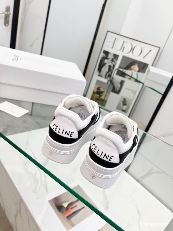2025 Women Celine Black White Leather Platform Sneakers Block Triomphe LY00270