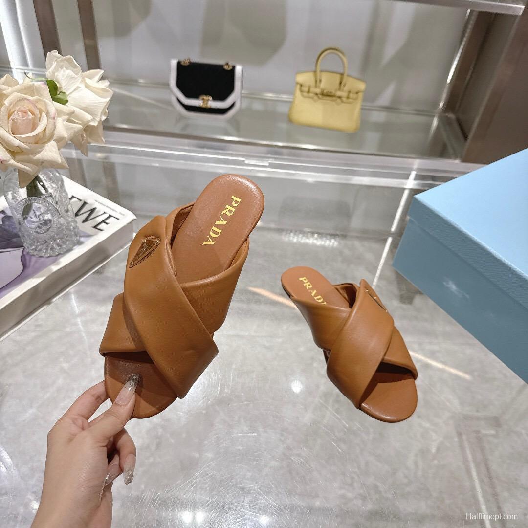 2025 Women Prada Brown Leather Slippers