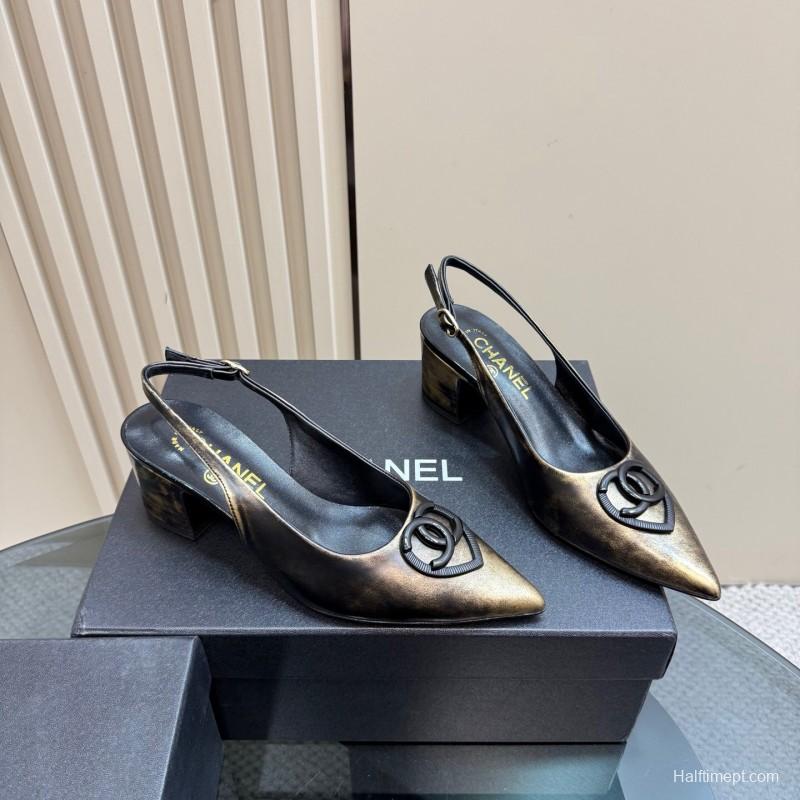 2025 Women Chanel Gold Black Leather Slingback Heel