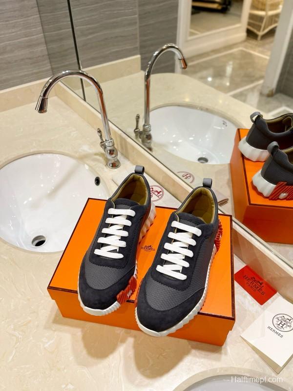 2024 Unisex Hermès Black Gray Imported Calfskin Rainproof Fabric Sneakers MJ00320