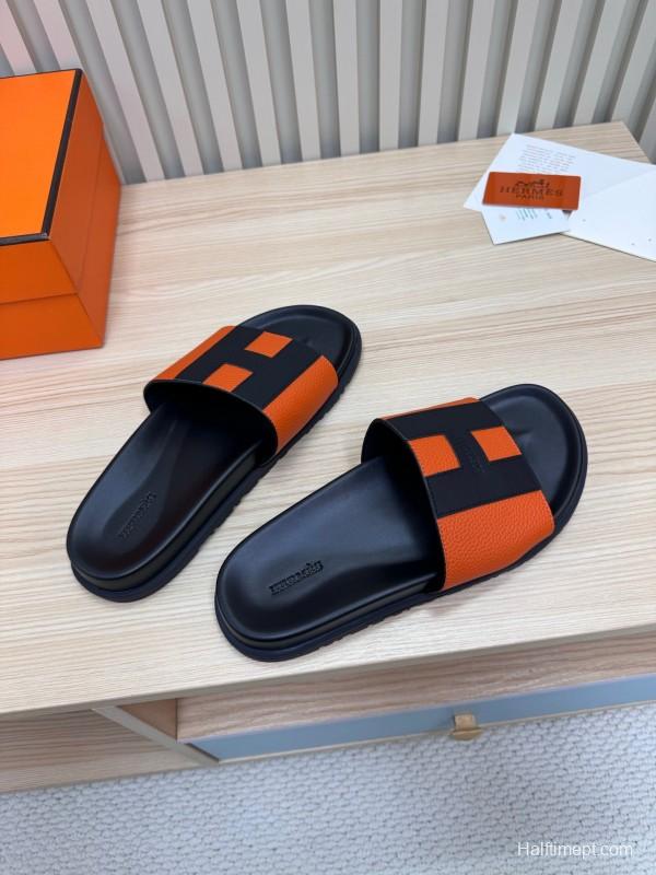 2025 Slippers Hermès Orange Black Leather Slippers
