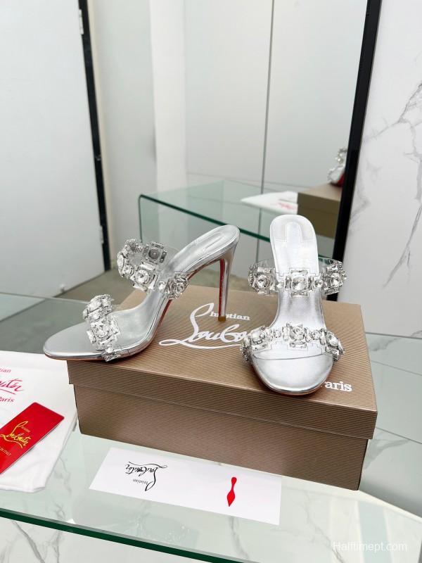 2025 Women Christian Louboutin Silver Leather High Heel Sandals Diamond Decoration LY00300