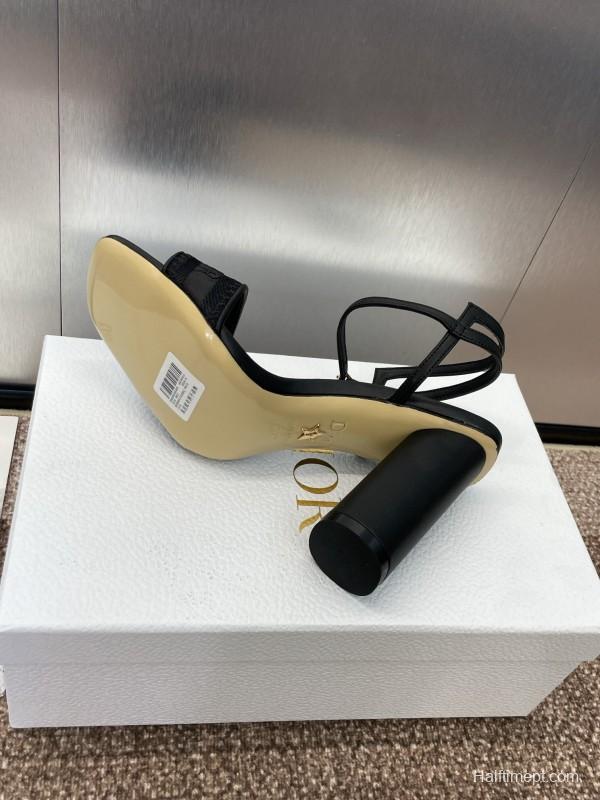 2025 Women Dior Black Leather High Heel Sandals