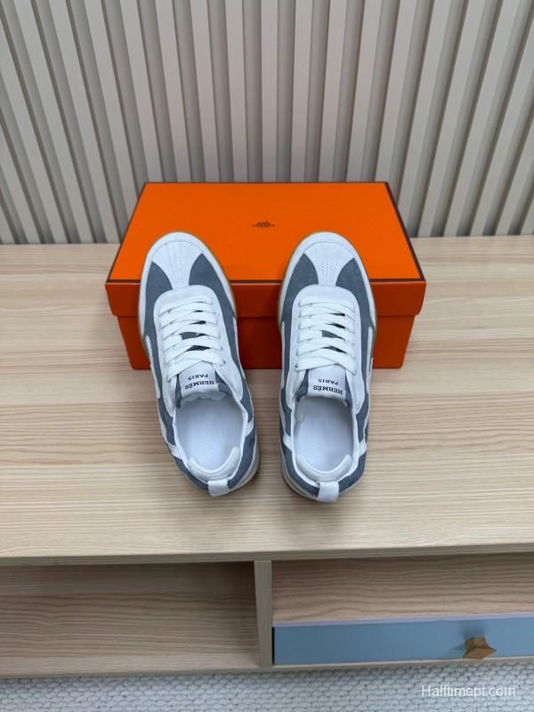 2025 Unisex Hermès White Grey Suede Canvas Sneakers KFY00300