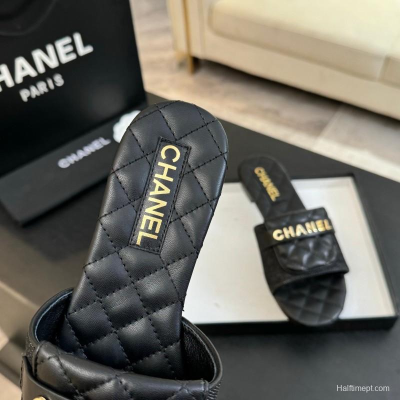 2025 Women Chanel Black Leather Slippers