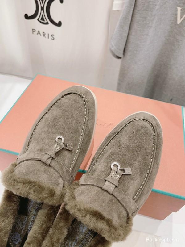 2024 Women LP Gray Suede Shearling Loafers MJ00300