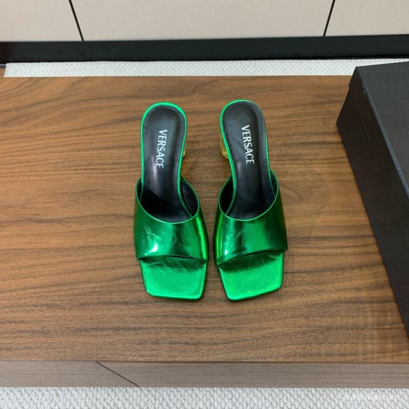 2025 Women VERSACE Green Leather Slippers