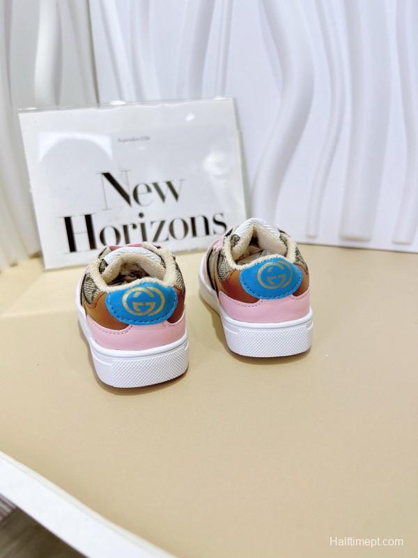 2024 Kids Gucci Pink Beige Canvas Leather Sneakers