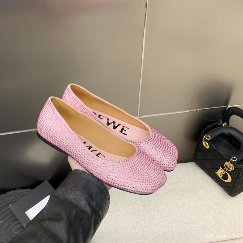 2025 Women Loewe Pink Lambskin Rhinestone Ballet Flats LY00291