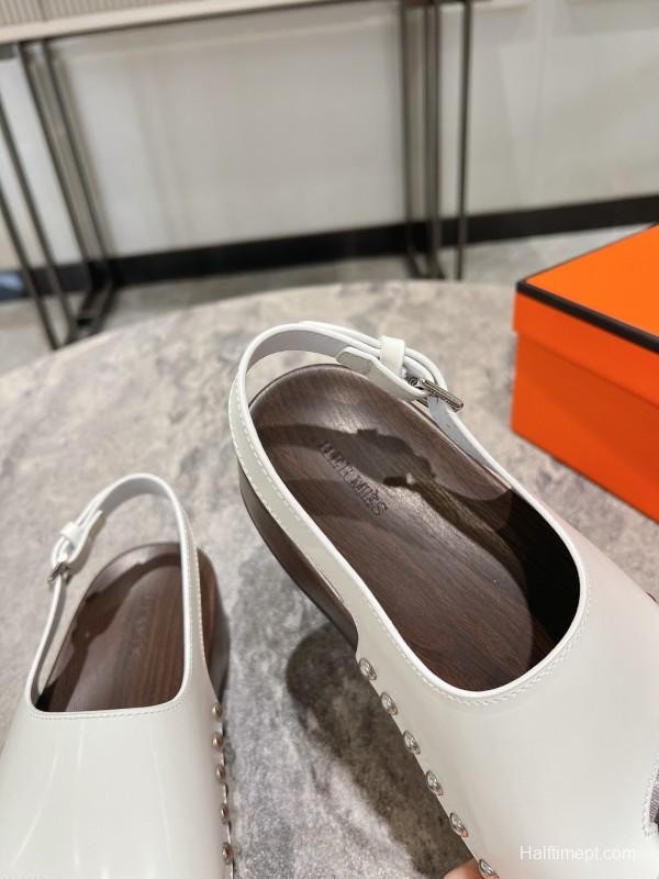 2025 Women Hermès White Leather Slippers