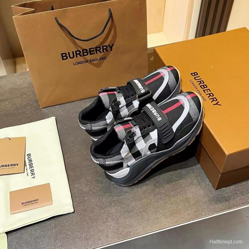 2025 Unisex Burberry Black White Suede Leather Mesh Sneakers Vintage Pattern MJ00360