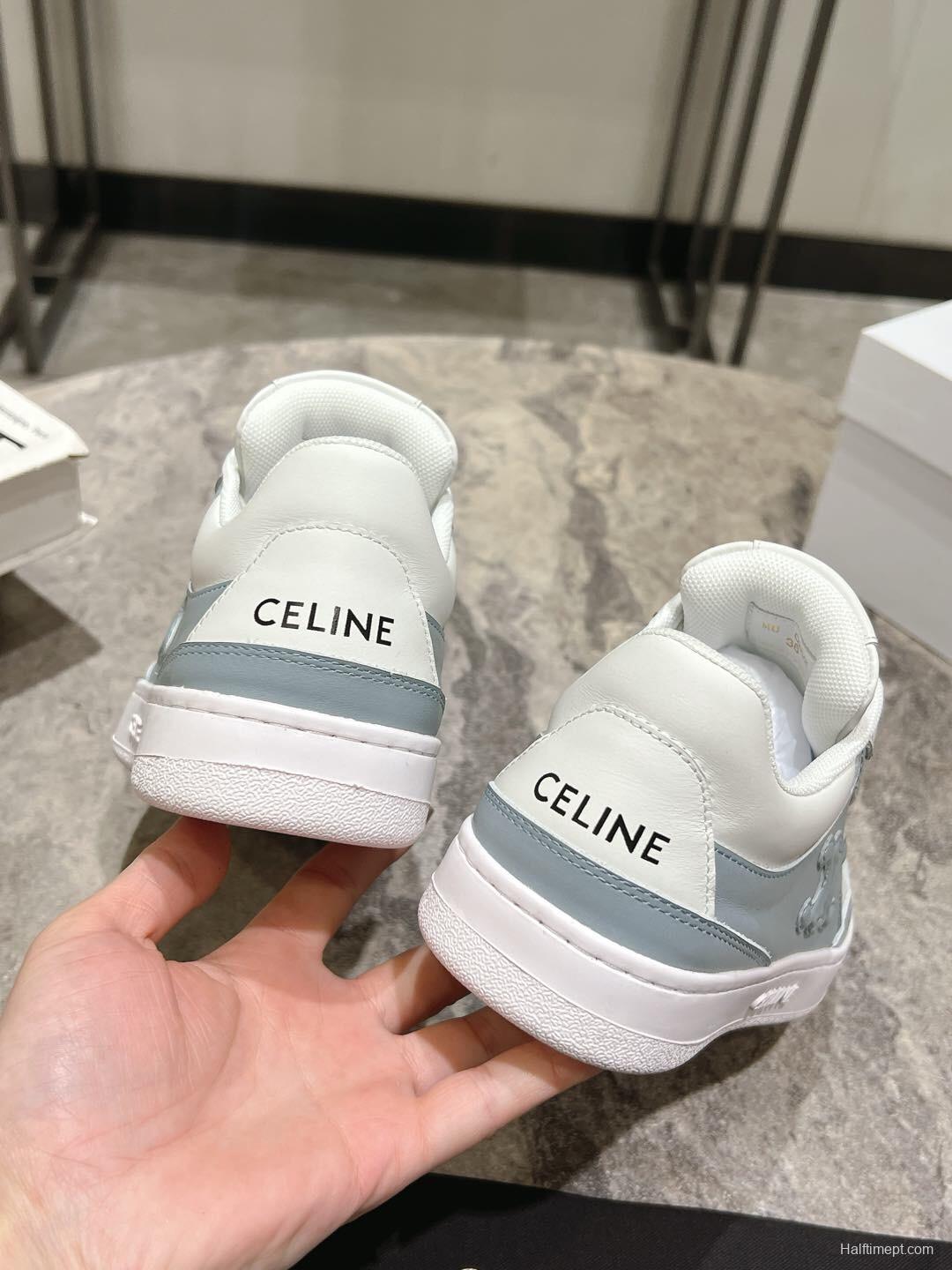 2025 Women Celine White Light Blue Leather Sneakers