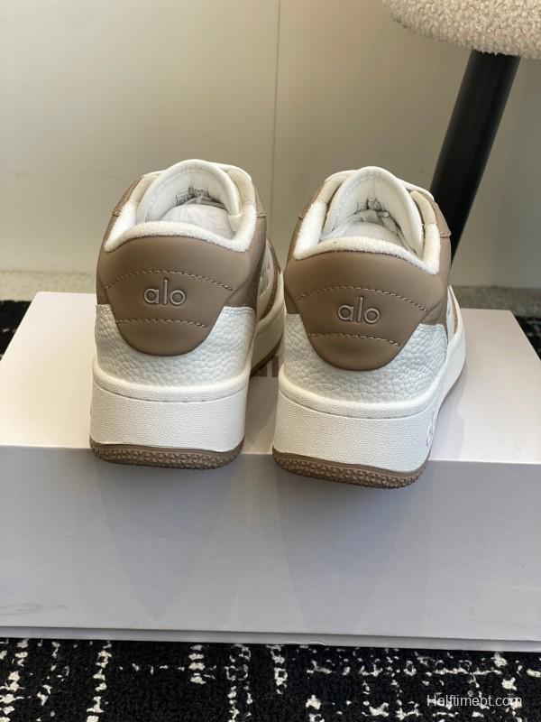 2025 Women Alo White Brown Leather Sneakers KFY00280