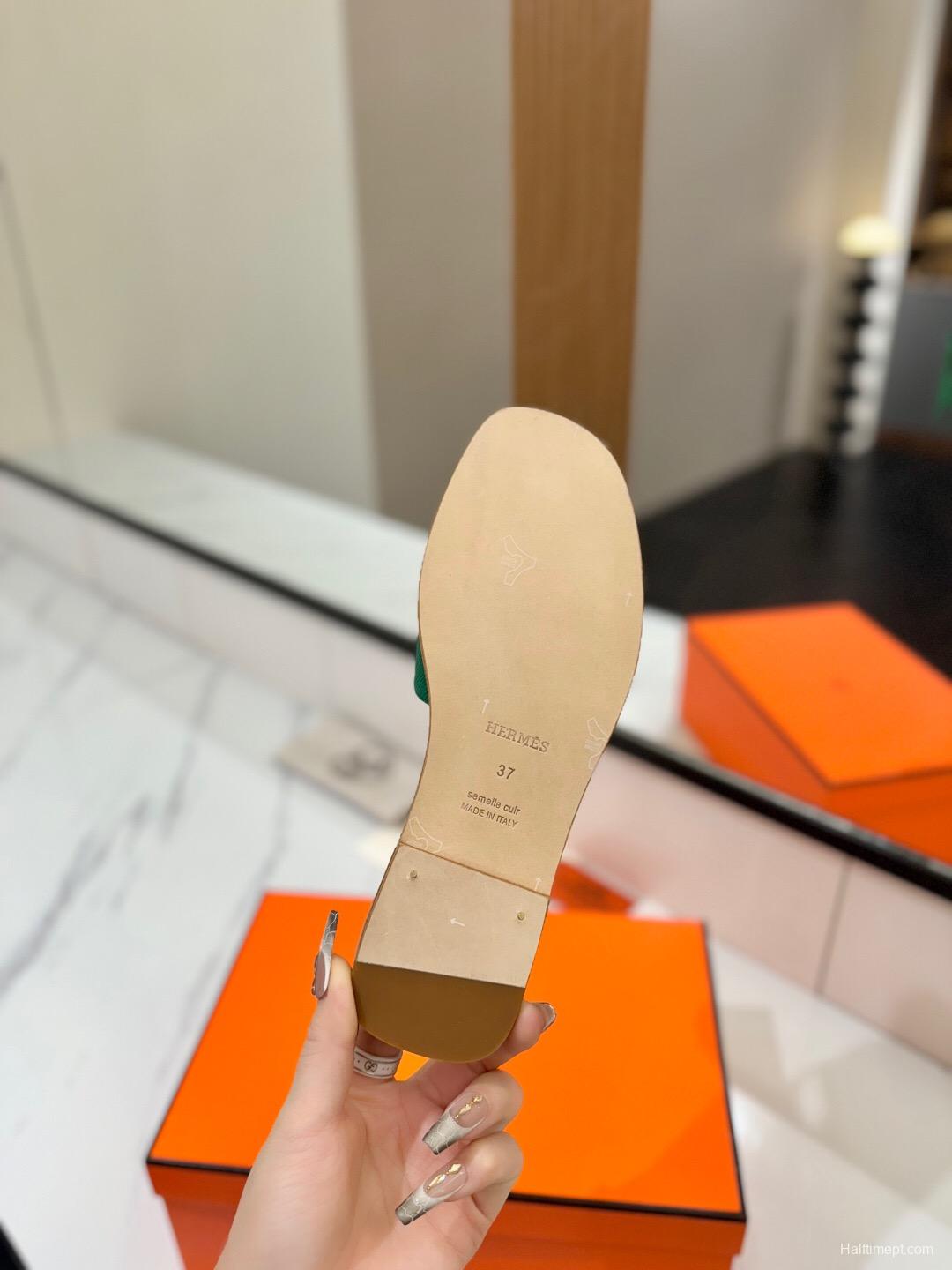 2025 Women Hermès Green Leather Slippers