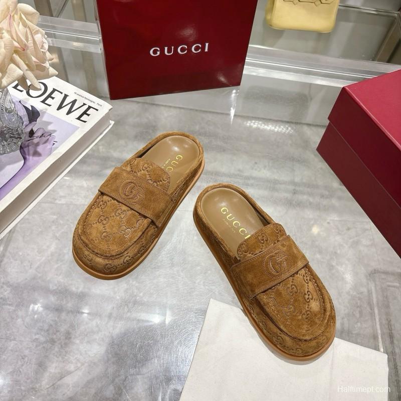 2025 Women Gucci Dark Brown Suede Loafers Embossed GG LY00270