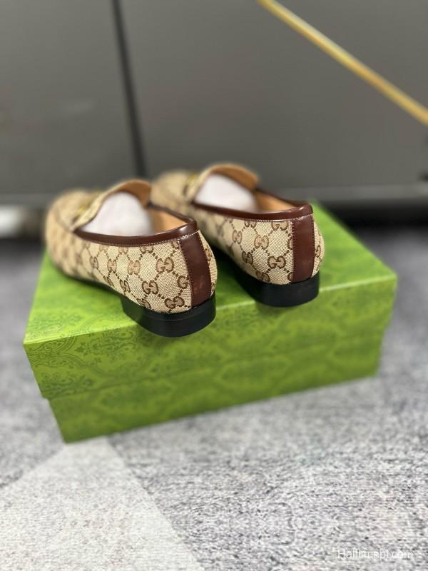2024 Men Gucci Beige Brown Canvas Leather Loafer