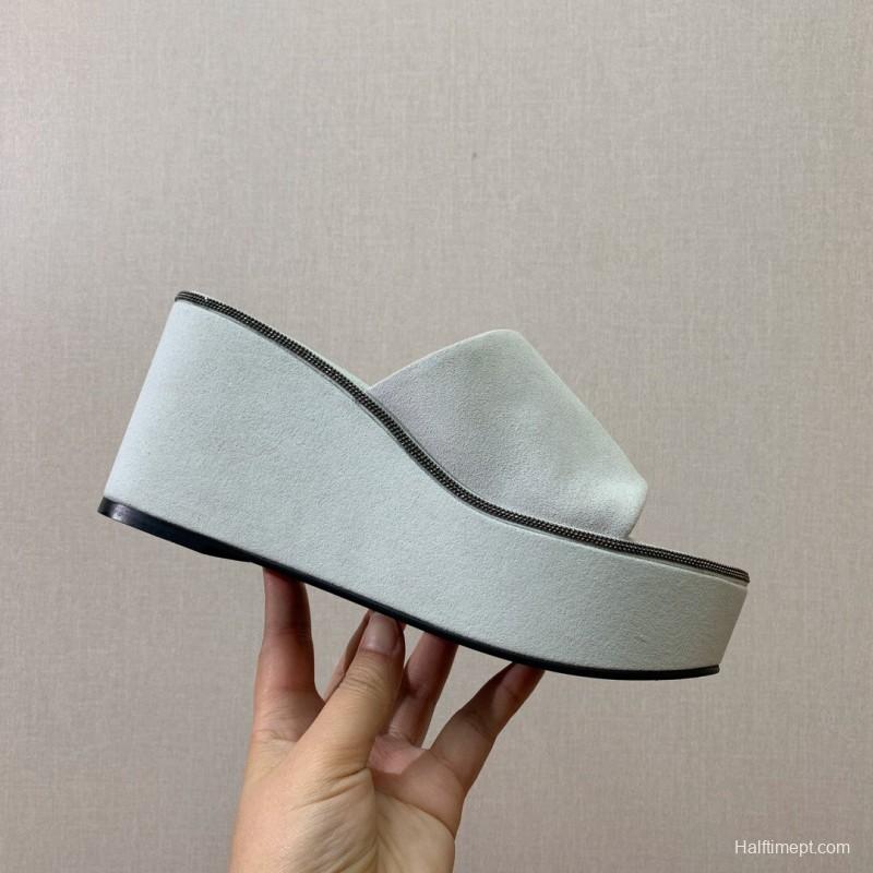 2025 Women BRUNELLO CUCINELLI White Suede Platform Slide Sandals Casual Craftsmanship LY00360(F)