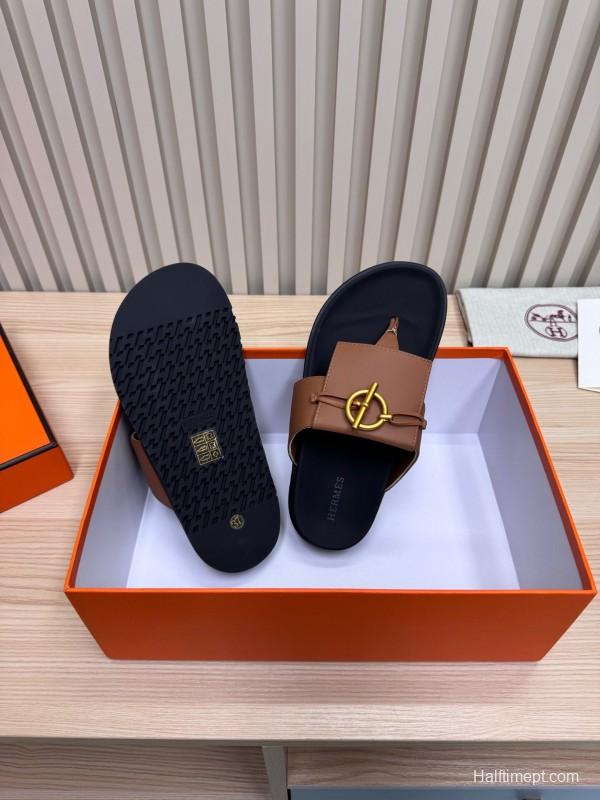 2025 Slippers Hermès Brown Black Leather Slippers