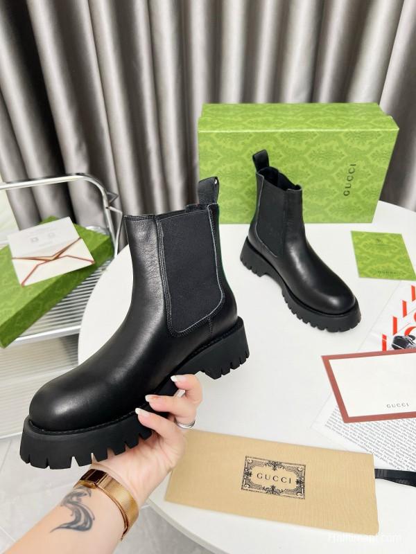 2024 Women Gucci Black Leather Chelsea Boots MJ00340