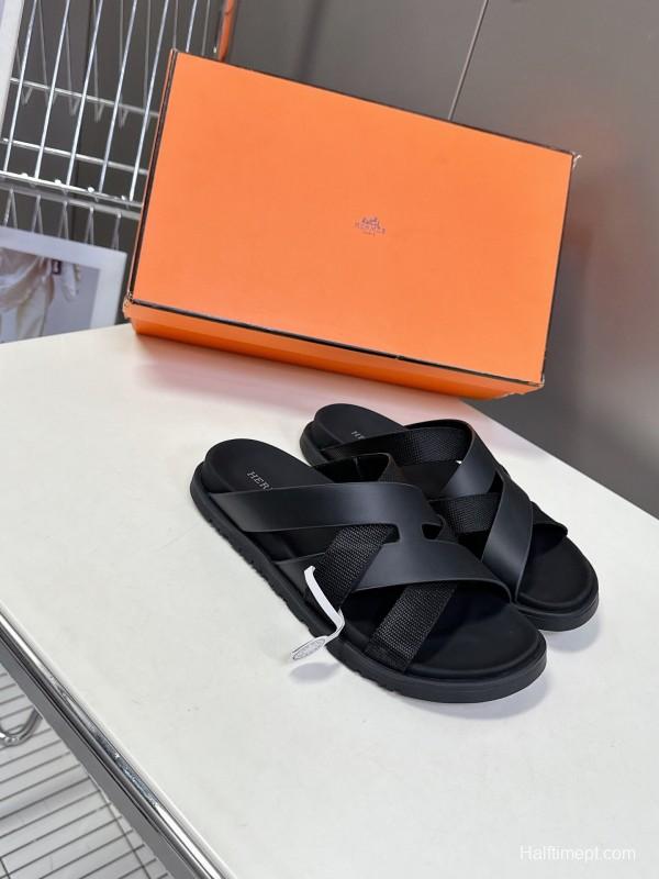 2025 Slippers Hermès Black Leather Slippers