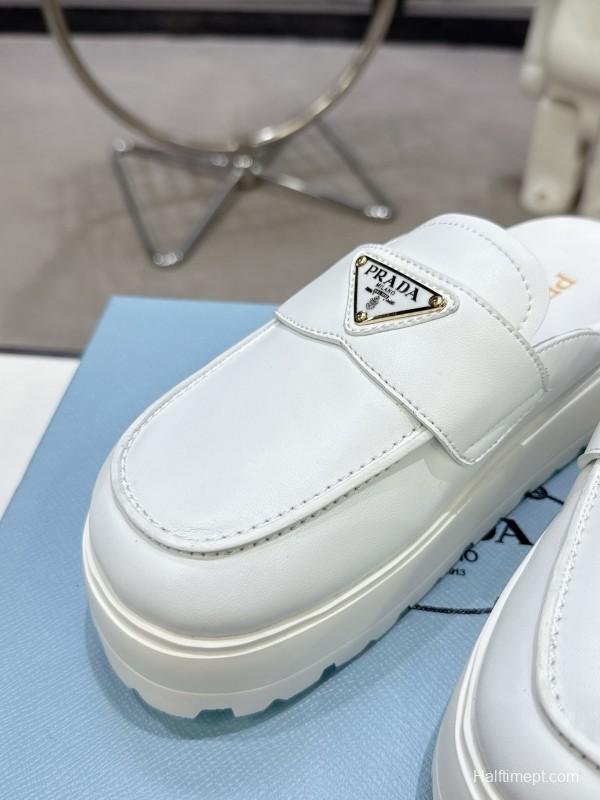 2025 Women Prada White Leather Slip-On Loafers