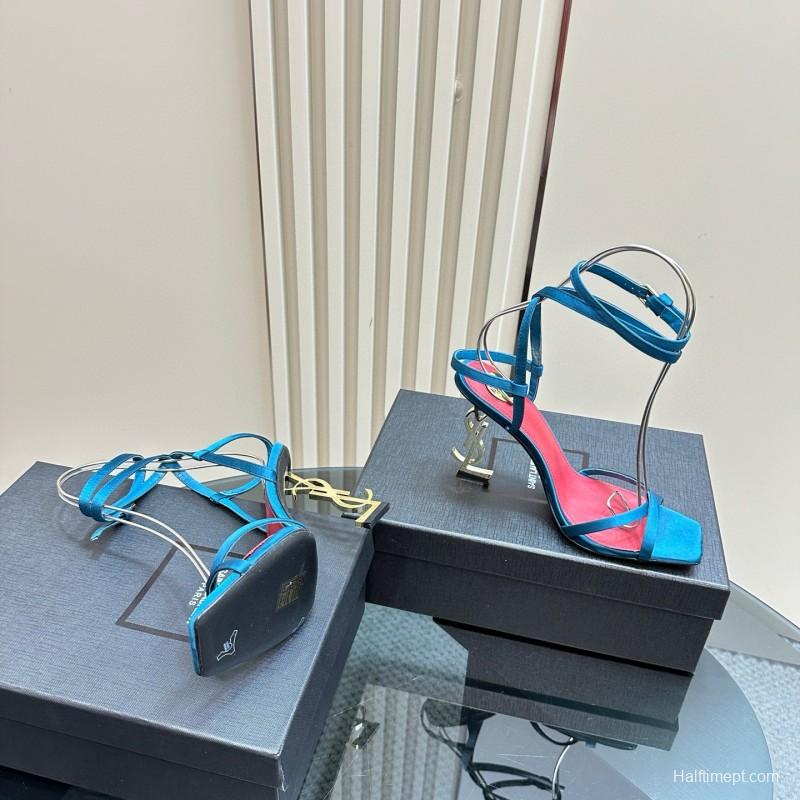 2025 Women Yves Saint Laurent Blue Satin Heeled Sandals MJ00290