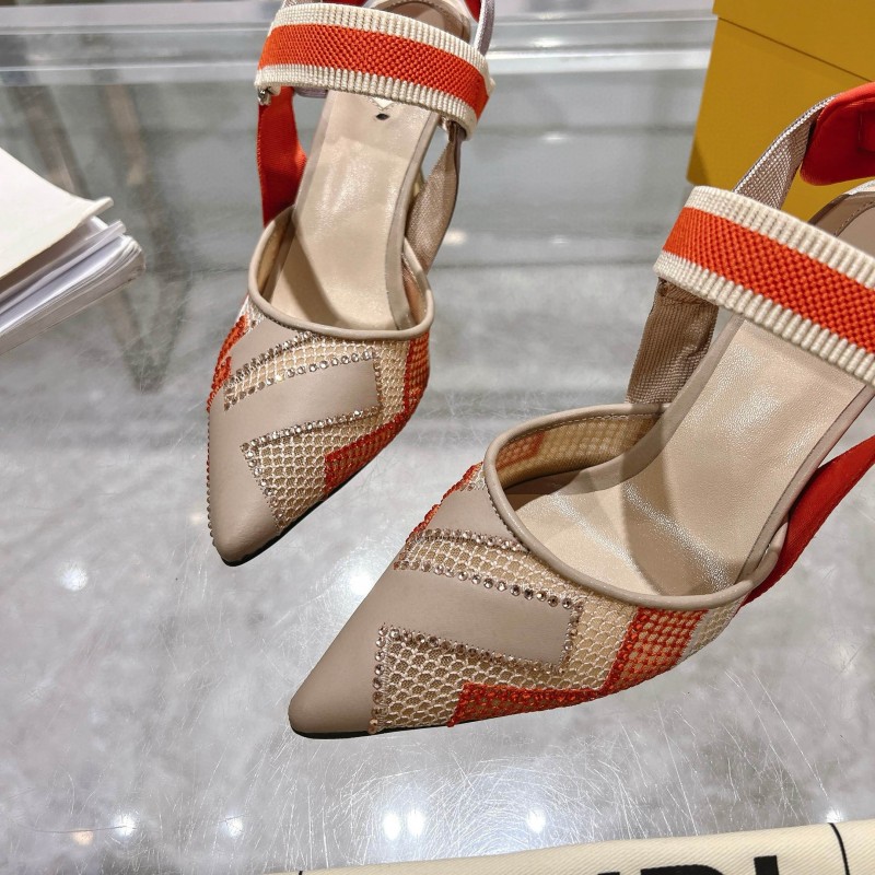 2025 Women Fendi Beige Orange Leather Fabric High Heels MJ00280