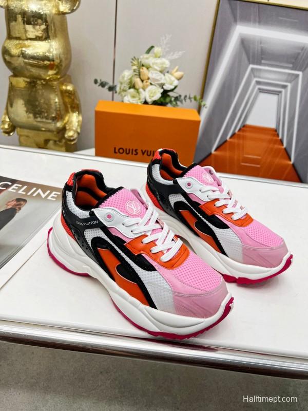 2025 Women Louis Vuitton Pink Orange Black Mesh Leather Sneakers LY00340