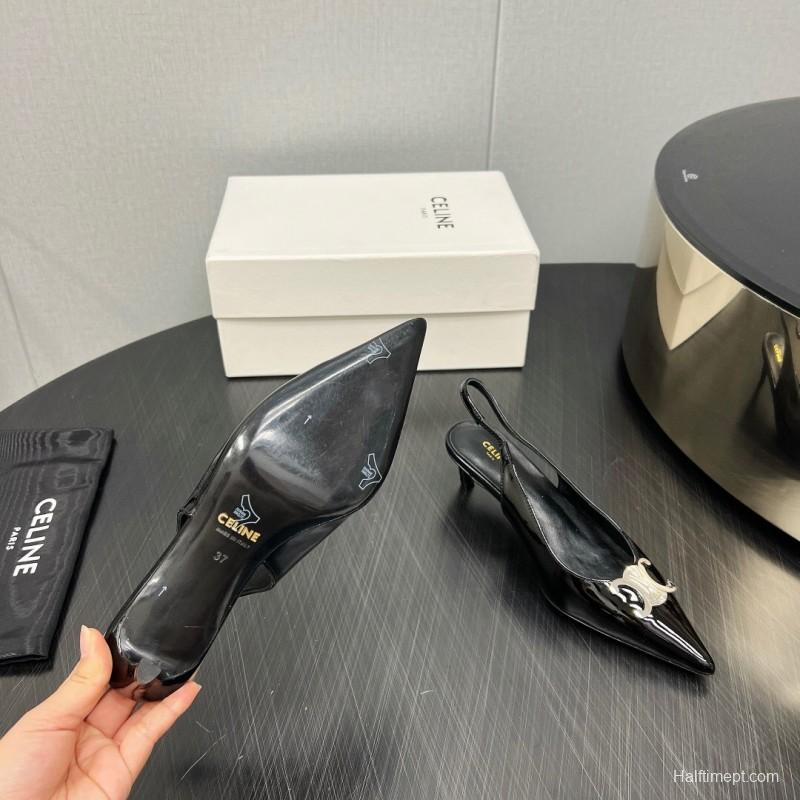 2025 Women Celine Black Patent Leather Slingback Heels KFY00290