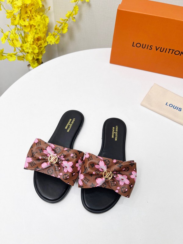 2025 Women Louis Vuitton Brown Pink Leather Slippers LY00190