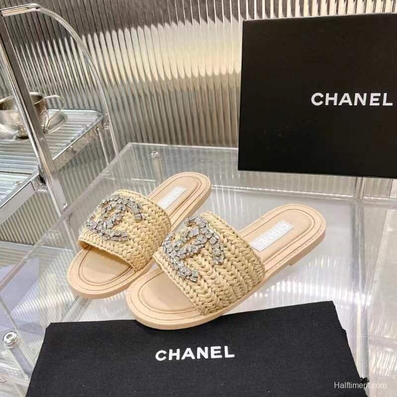 2025 Women Chanel Beige Raffia Crystal Slippers LY00270