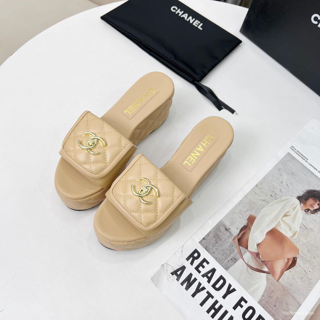 2025 Women Chanel Beige Leather Platform Slide Sandals