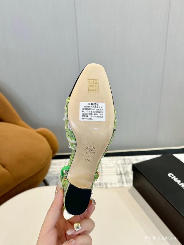 2025 Women Chanel Green Black Fabric Leather Slingback Shoes