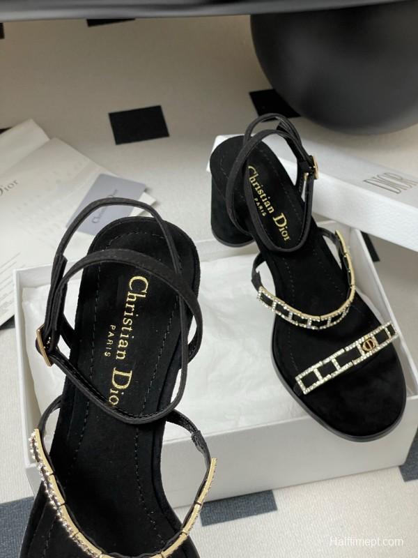 2025 Women Dior Black Suede Crystal Embellished Strap Sandals