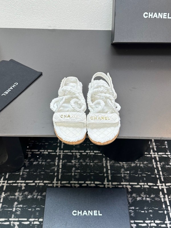 2025 Women Chanel White Leather Roped Espadrille Sandals LY00260