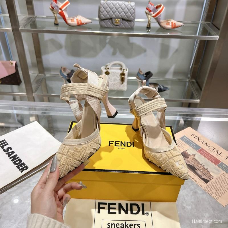 2024 Women Fendi Beige Knitted Leather High Heels