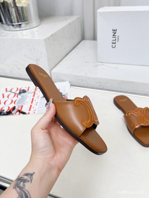 2025 Women CELINE Brown Leather Slippers LY00190