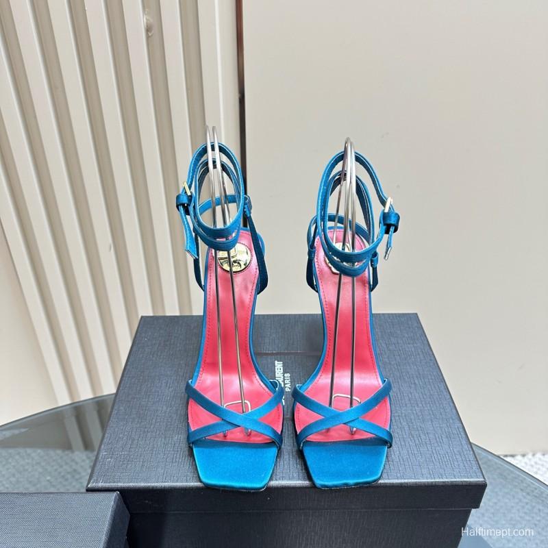 2025 Women Yves Saint Laurent Blue Silk High Heel Sandals KFY00290