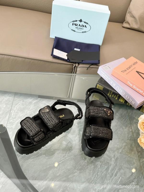 2025 Women Prada Black Woven Leather Platform Sandals LY00300