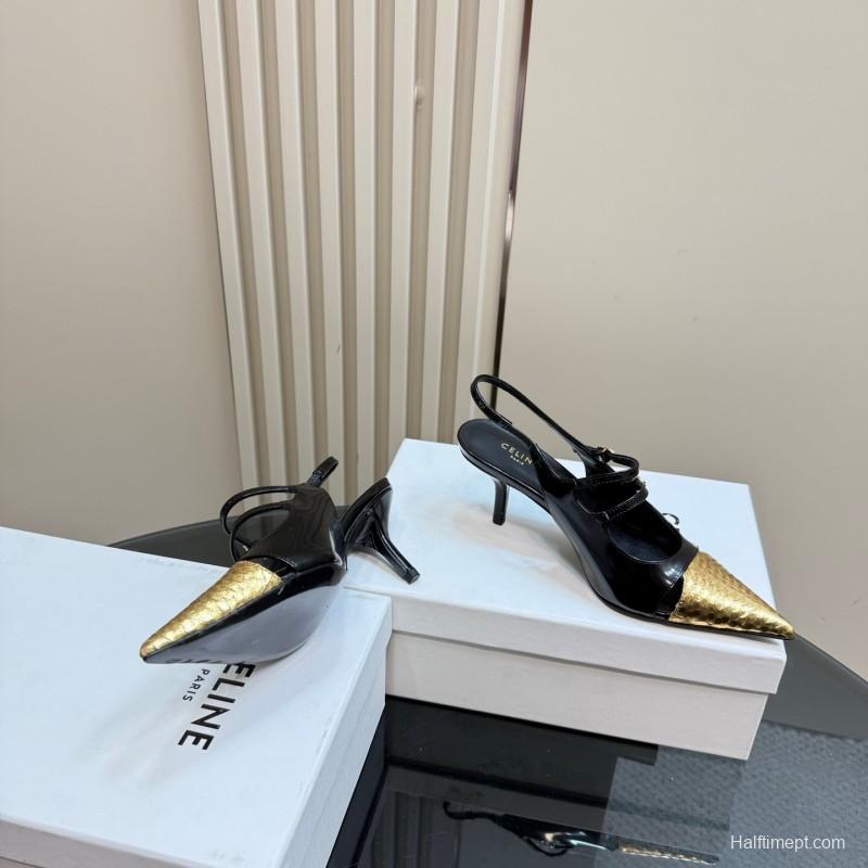 2025 Women CELIN* Black Gold Leather Pointed Toe Slingback Heels