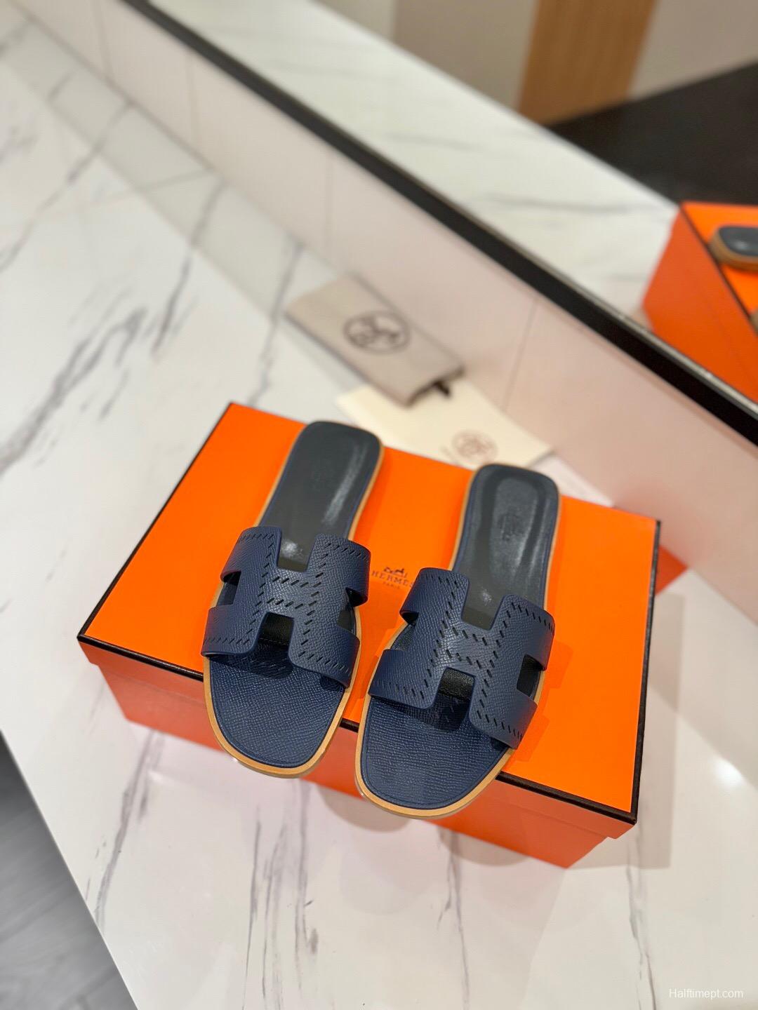 2025 Women Hermès Dark Blue Leather Slippers
