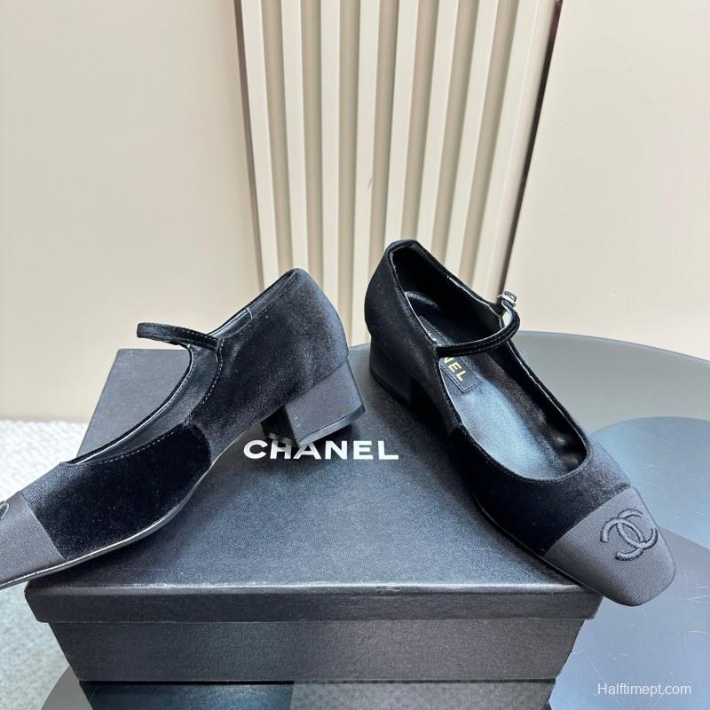 2025 Women Chanel Black Velvet Leather Mary Jane
