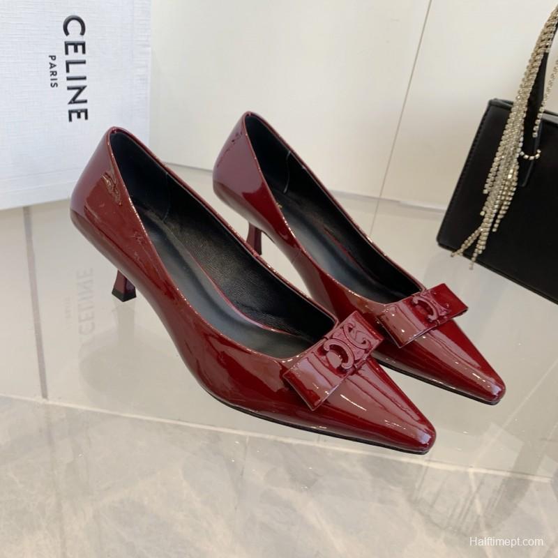 2025 Women Celine Burgundy Patent Leather Pointed Toe Pumps