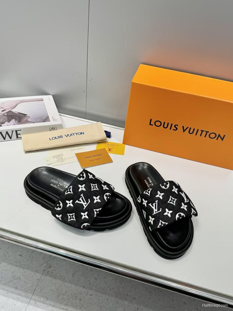 2025 Slippers Louis Vuitton Black Fabric Slippers