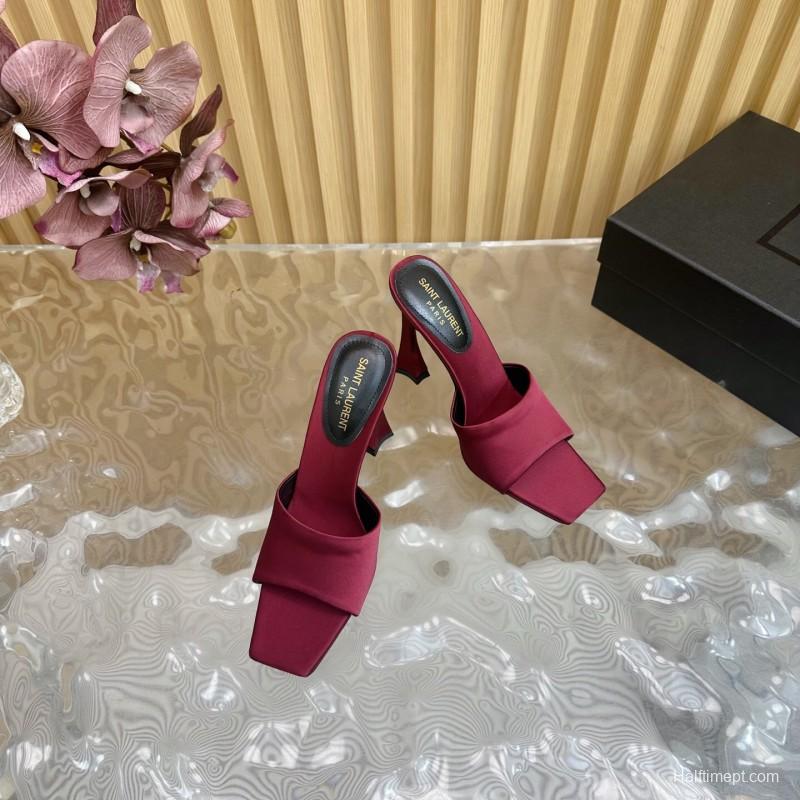 2025 Women Yves Saint Laurent Burgundy Satin High Heel Mules