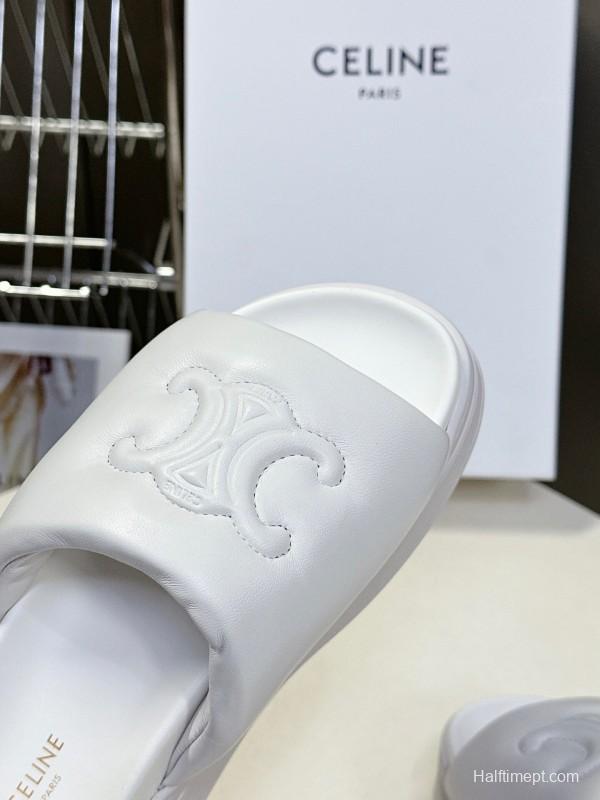 2025 Women Celine White Leather Slippers LY00240