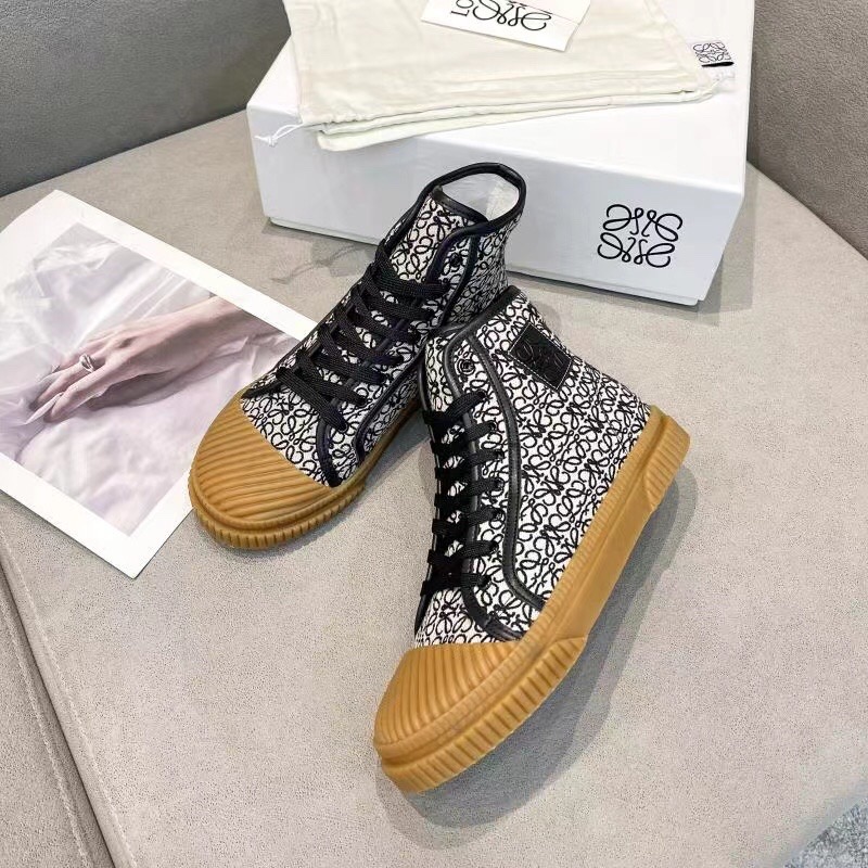 2025 Women Loewe Black White Canvas Rubber High Top Sneakers LY00291