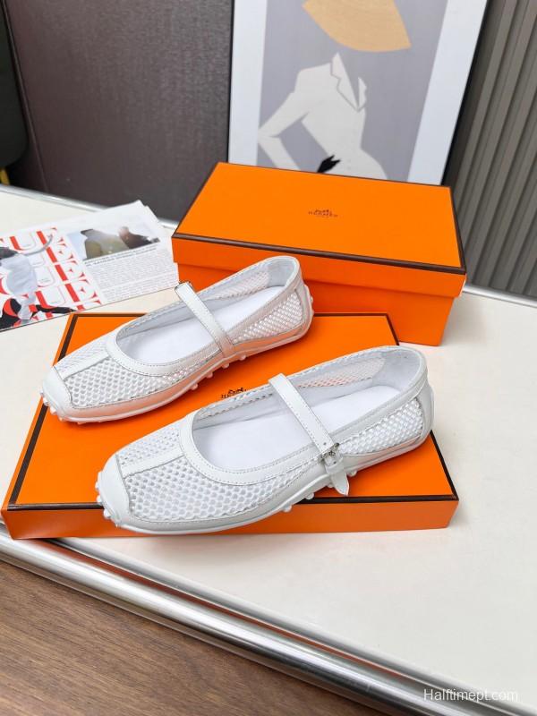 2025 Women Hermès White Leather Mesh Mary Jane LY00230